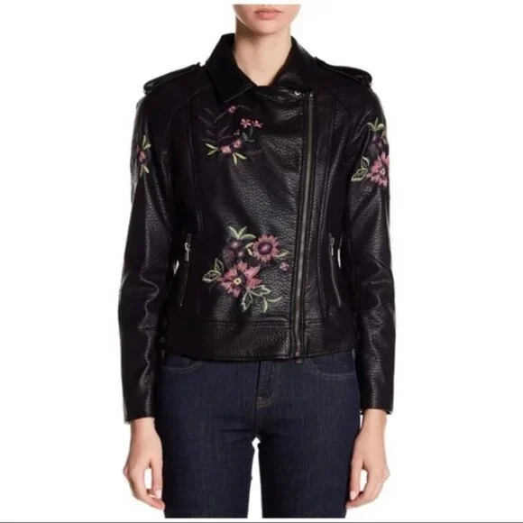 BB Dakota Baxley Faux Leather Floral Embroidered Biker Jacket Size S - Picture 3 of 9